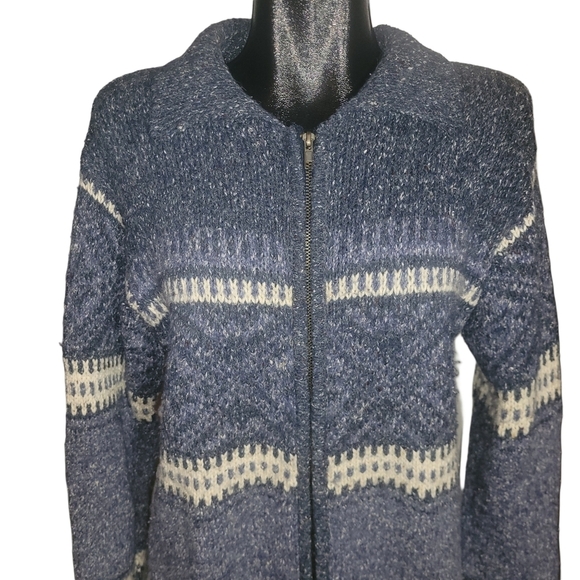 Vintage Maggie Blue and White Knit Zip Up Cardigan M - Picture 1 of 6